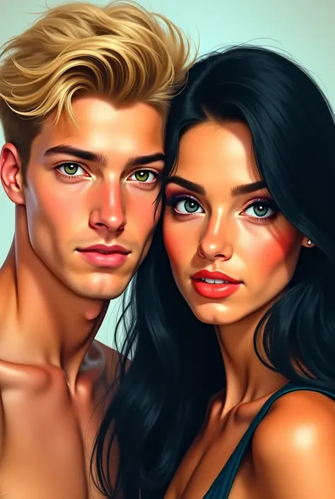 a blond man with green eyes and a woman with long black hair with blue eyes both 18 years old