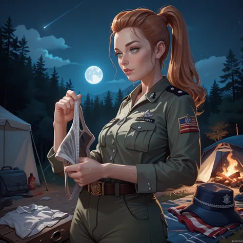 gray eyes, atletic, hyperrealism, milf, removed clothes, military uniform, brown hire, ponytail hair, sweaty, camp, night, dark,...