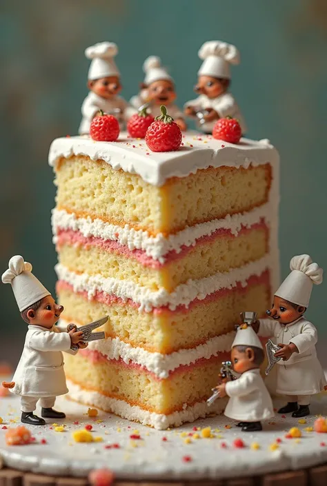 Tiny cooks cutting and decorating a giant slice of cake