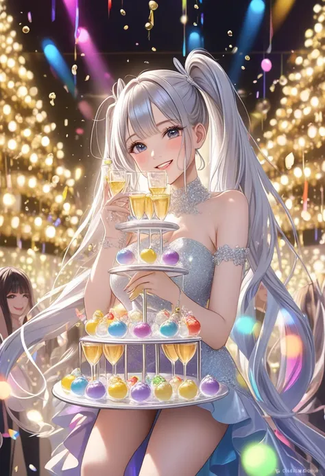 silvery long hair、cute girl with twin tails、smile、Bright party venue、I am very satisfied with the size of the champagne tower...