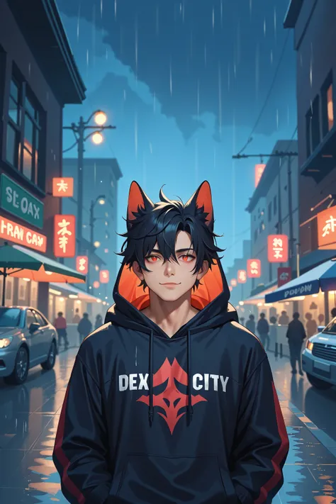 1boy,(((From Front))), Thigh Up, glowing red eyes, black hair, staring, dead, black hoodie, wolf ears, wolf tail, rainy day city...