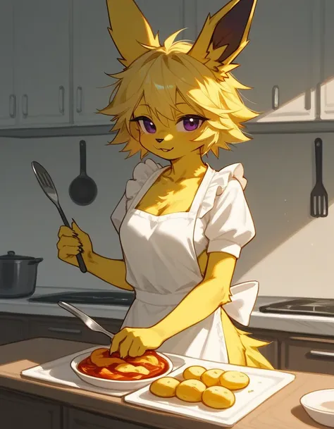 alone, score_9,score_8_up,score_7_up, anthro female jolteon, wearing cooking apron, in kitchen, serving food.