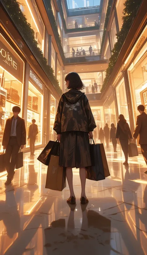 A high-detail, realistic scene of a luxurious shopping mall with elegant glass storefronts showcasing expensive fashion, jewelry...