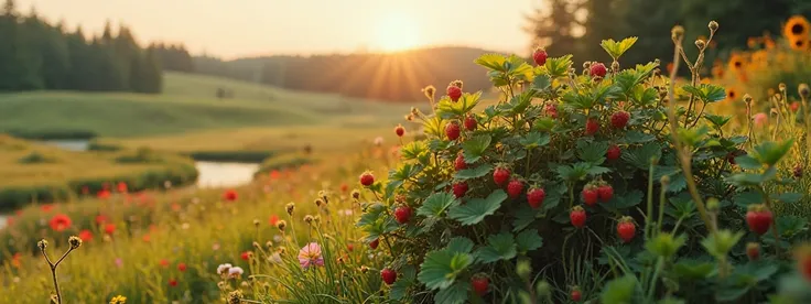 close-up. , strictly in the center of the picture, a bush of small wild strawberries in a beautiful field with hills and a fores...
