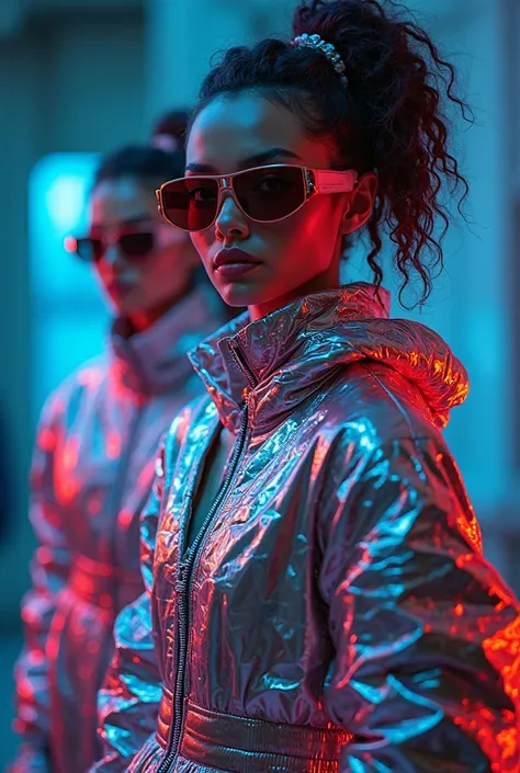 A futuristic high-fashion photoshoot featuring models dressed in avant-garde outfits inspired by energy drinks. Metallic fabrics...