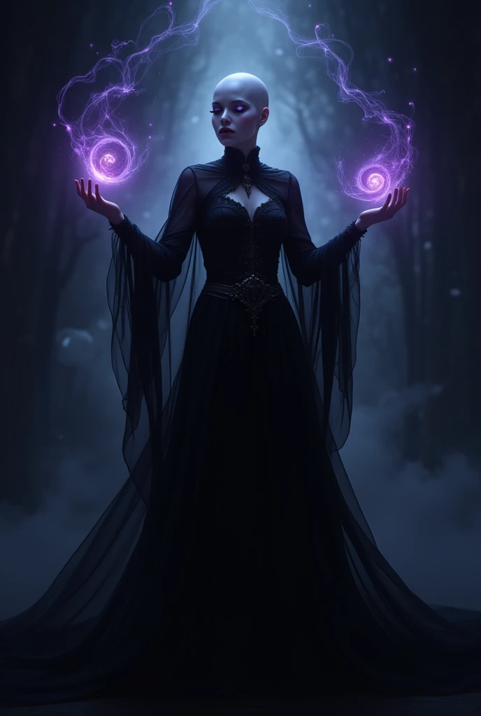 *A full-body portrait of a mysterious yet kind-hearted female dark mage. She floats gently in a shadowy, ethereal space. Her hea...