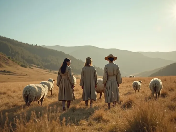 Three humble shepherd ren (Lucia, Francisco, and Jacinta) standing in a vast, sunlit meadow of Cova da Iria, surrounded by sheep...