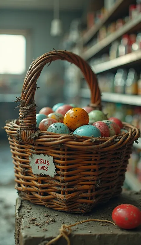 A rotting wicker Easter basket (rusted handle, ‘JESUS LIVES’ sticker peeling) sits on a supermarket shelf, filled with bullet ca...