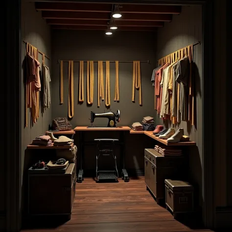 a small, worn-out tailor shop, measuring tapes hang from the walls, vintage sewing machine in the corner, dusty old trunk near t...