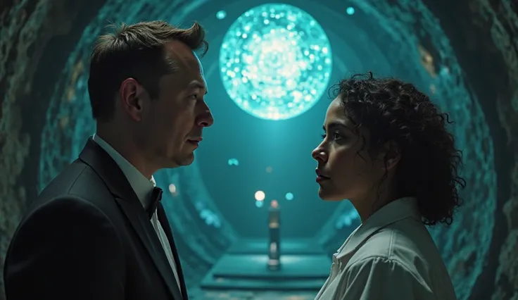 **Scene 6:** In the eerie glow of the underground chamber, only **Elon Musk** and **Dr. Liana Reyes** stand face to face, bathed...