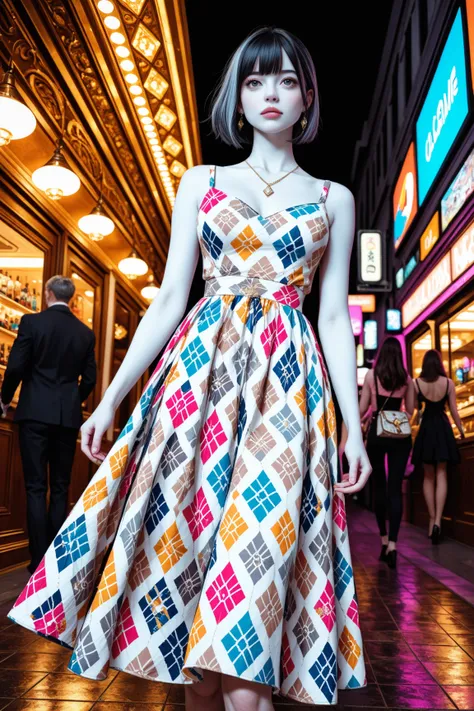an elegant caucasian girl inside the ice cubes ,louis vuitton women's clothing, colorful,summer dress,Nakajima Sena,white skin,d...