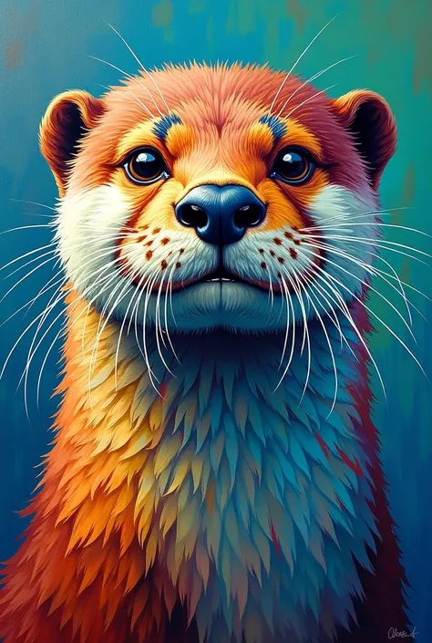 Otter Painting, Inspired by Picasso, Influenced by Van Gogh, A close-up shot of an otter's face, Very colorful, Bright color...