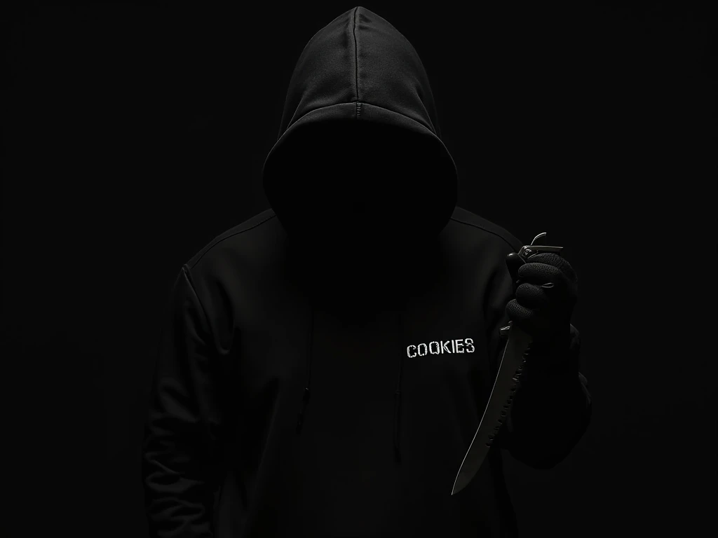 Une photo sur un fond noir avec un homme qui porte une tenue noir des gants noir et une capuche noir ou on vois pas sont visage ...
