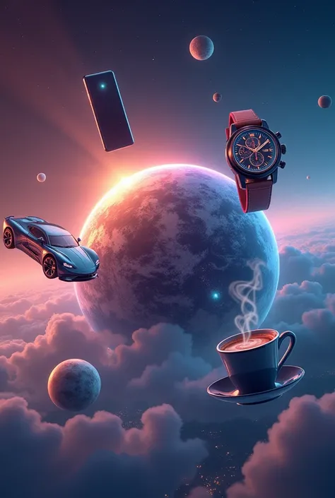"A surreal cosmic scene where five different products elegantly orbit a vibrant planet like satellites. Floating in space, the p...