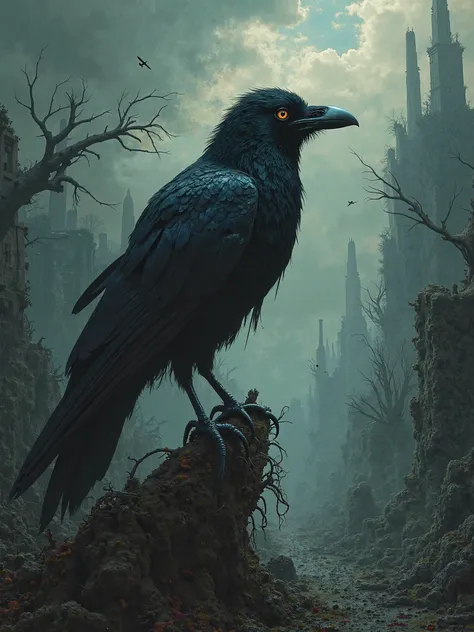 A Crow, horror, macabre, surreal, Apocalyptic background, high detail, masterpiece.