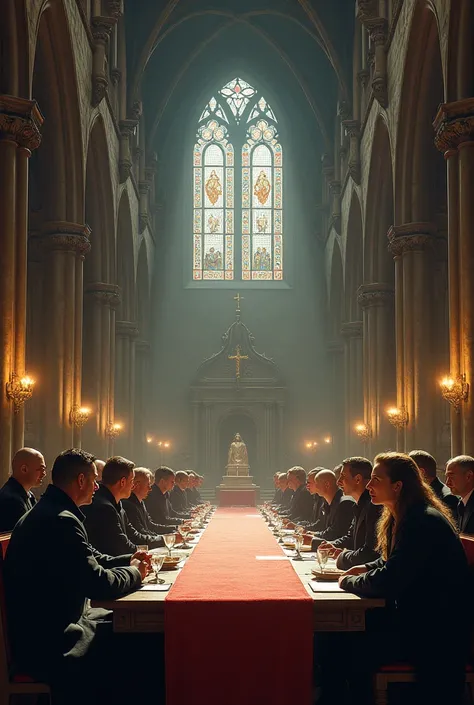 Meeting in a cathedral, Very long table. Neve