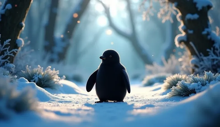 A whimsical snowy jungle clearing with frosted leaves and sparkles in the air. In the center is a solid black silhouette of a pe...