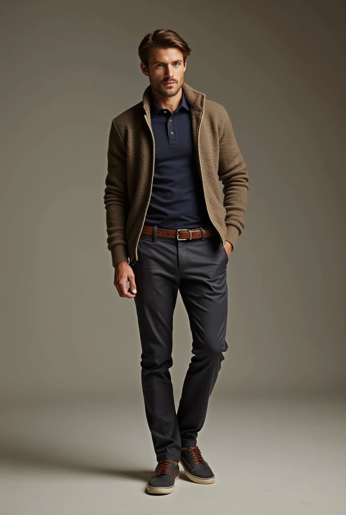 Polo Shirt + Cardigan + Chinos
• Top: Polo shirt (dark green, burgundy, or navy).
• Layer: Buttoned or zipped cardigan.
• Bot...