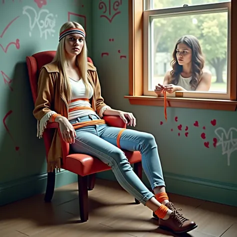 Female hippie looking for a friend and gets tied to a chair by a gang. She is sitting tied to a chair in a house covered in graf...