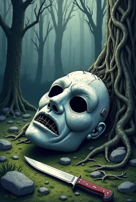 Ghost face mask, with cobwebs all over it, hunters knife next to it on the ground in a scary forest. Want this as a coloring pag...