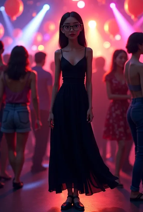 At the party with a lot of people, the gringo girl appears with glasses on straight black hair in a long black dress with a blac...