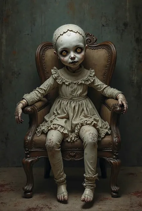 Create an image of a rag doll, With button eyes in creepy clothes sitting on a chair