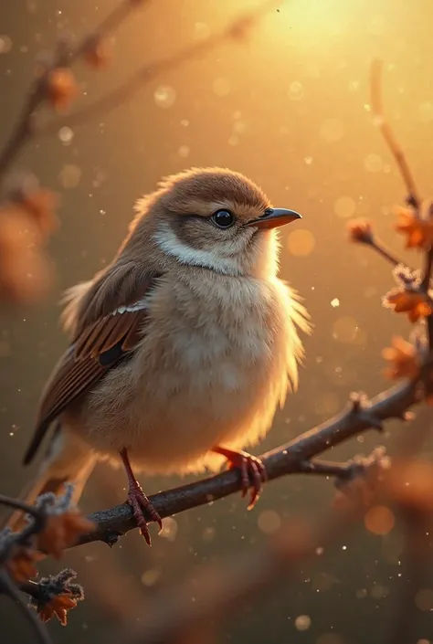 A charming close-up portrait,Showing a beautiful bird,is illuminated by soft golden light on a quiet morning,bokeh gently frames...