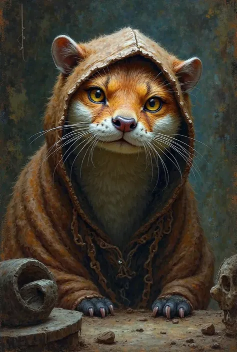 Female mammalian ultra animal otter with distinct beautiful brownish-reddish fur, big yellow-orange eyes, lives in a fantasy dun...
