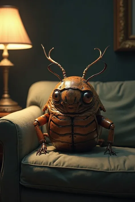 Create a seated brown beetle, Sitting on a sofa, act as if you were in a place with poor lighting, make it realistic that it has...