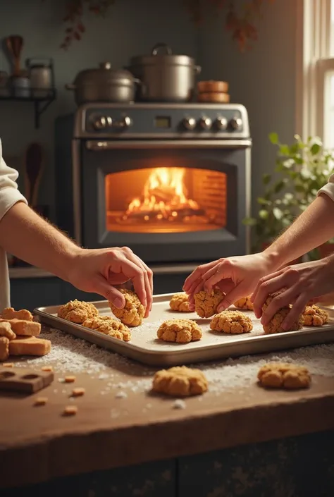 hands cooking cookies beside oven