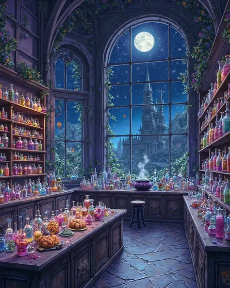 In the style of animé, a huge chemistry laboratory with large shelves full of jars with different shapes, COLORS, sizes and mate...