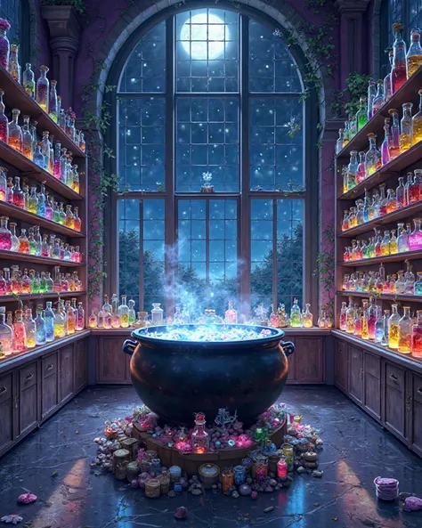 In the style of animé, a huge chemistry laboratory with large shelves full of jars with different shapes, COLORS, sizes and mate...