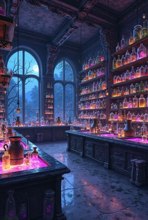 In the animé style, an immense room similar to a large living room with a lot of chemical laboratory equipment, large shelves fu...