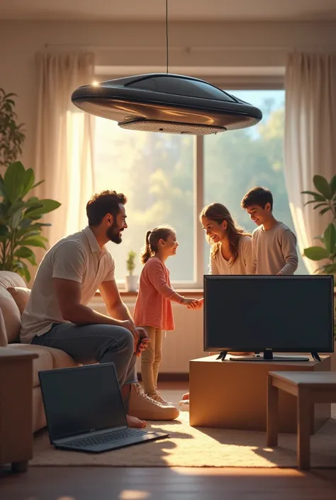 Happy family receiving televisions at home by transporter