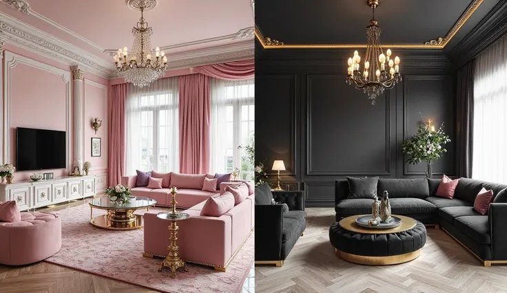 The image presents two contrasting luxurious living room designs.
On the left, there is a grand, pastel-pink-themed living room...