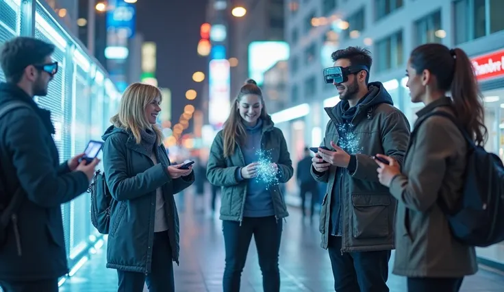 A futuristic cityscape in 2025 with people wearing advanced wearable technology—smart glasses, smartwatches, sleek AI-powered ri...