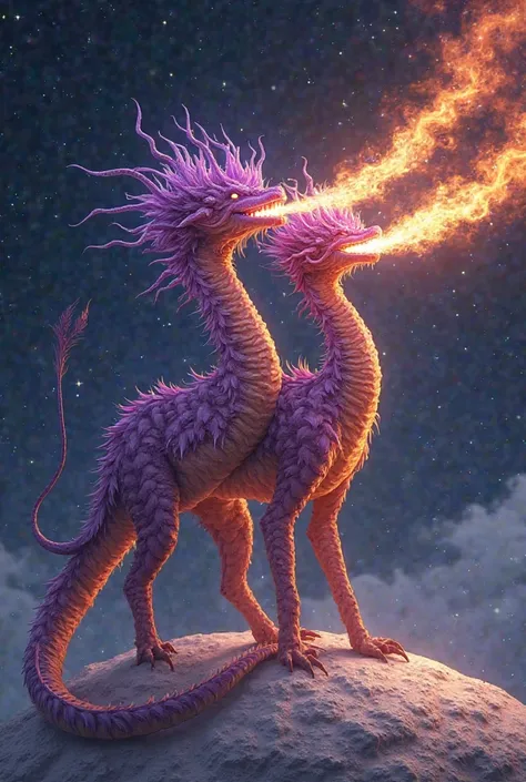 A mythical animal with two purple heads, a long orange neck and a long tail
He blows fire from his mouth and lives on the moon