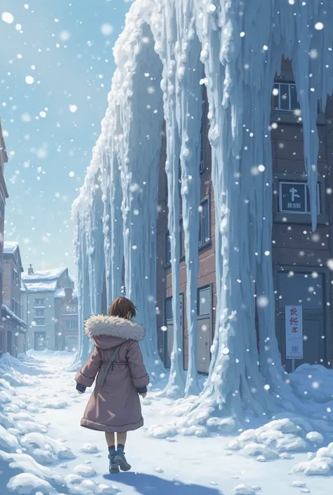 A blizzard is raging、The building turns to white ice
The girl wearing this fluffy sheepskin coat has icicicles all over her body...