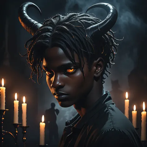 demonic horns on black man's head, african man's hair short, atmospheric, candles, dark atmosphere