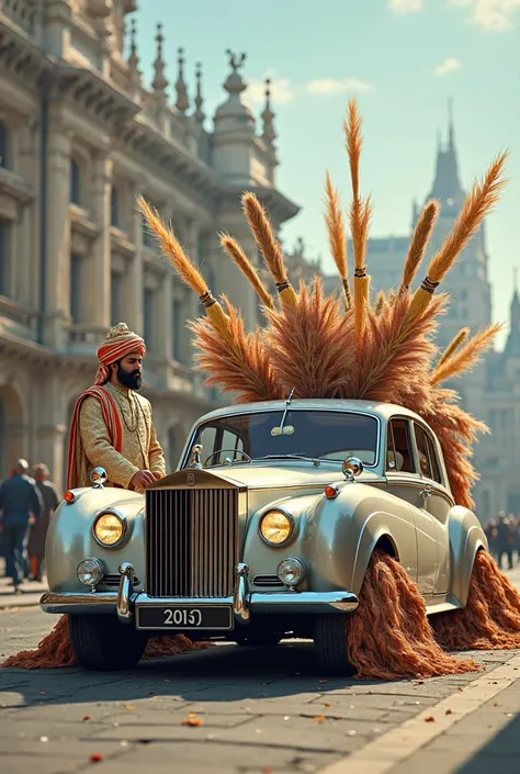 Make a picture 3d , with Rolls-Royce car, put some cleaning Brooms top on car & Cleaning brooms have been loaded onto the roof o...