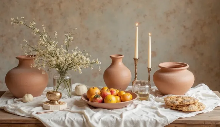 Wedding table decoration from the time of Jesus, t-century Hebrew style. Light tones such as beige, white, cream, and soft gold....