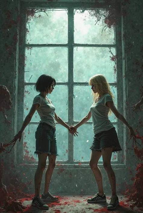 CREATE THE COVER FOR MY DYSTOPIA BOOK ABOUT ZOMBIES. THERE ARE TWO EXTREMELY ATTRACTIVE GIRLS, SEPARATED BY A CRACKED, BLOOD-SOI...