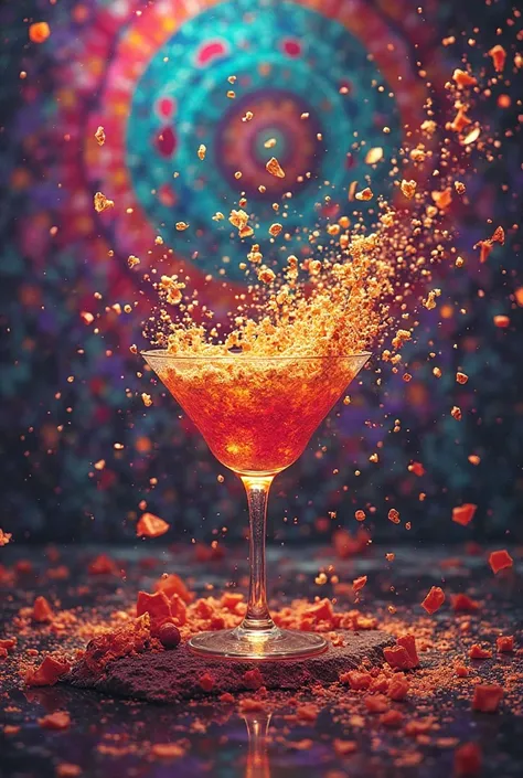 an image of a cocktail glass bursting out on a jovial background full of rock art from the 60's , with the text "Mystic candy"...