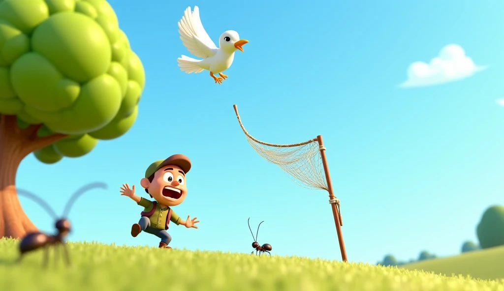 The 3D cartoon dove flapping its wings and flying away from the tree just as the hunter drops his net. The sky is clear, and the...