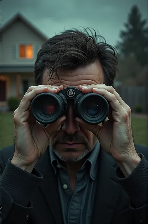 A man using binoculars spying on his naked neighbor