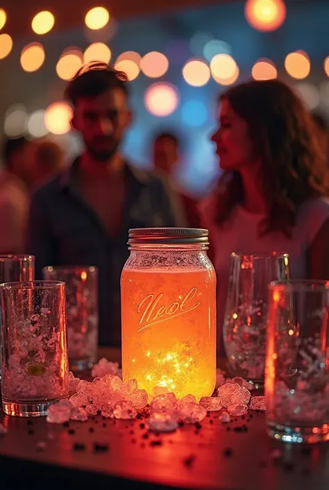 "Luminarc 1 liter jar served on a bar table, with sparkling screwdriver and ice, accompanied by empty glasses (inviting to serve...