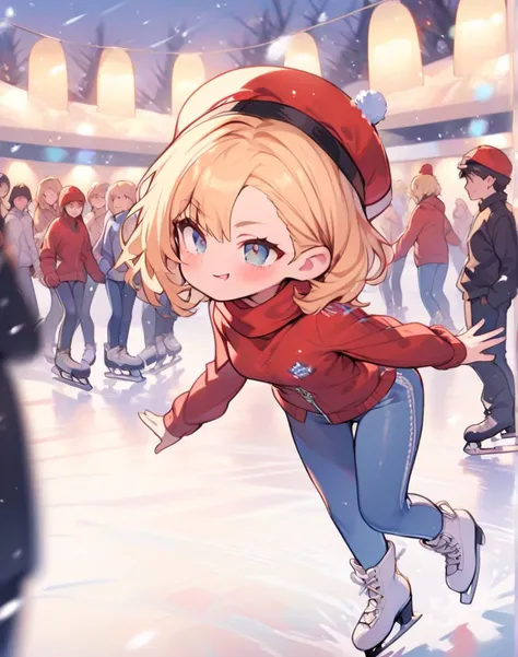 alone, Women, blond hair, medium hair, blue eyes, looking at the spectator, winking, Red Hat, red scarf, blue pants, red jacke...