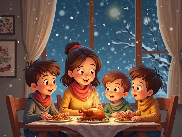 It's snowing outside, at night, inside a cozy house, there are 3 sons and a mother sitting eating roasted chicken and dishes wit...