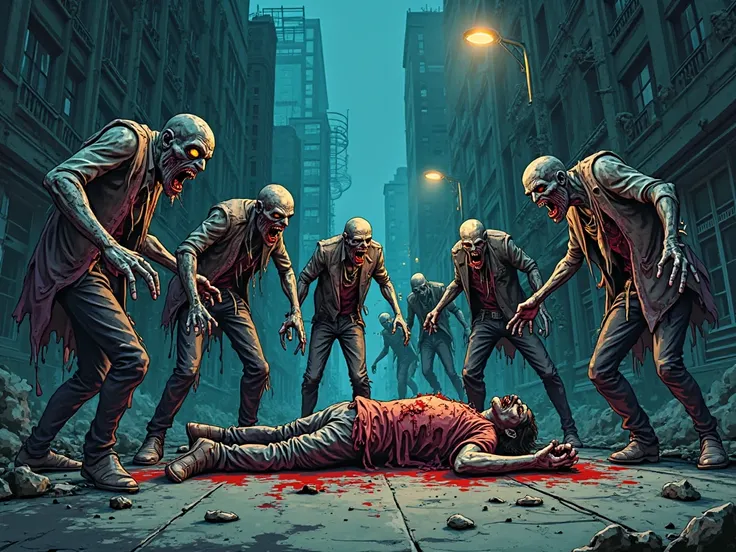 Night in an empty city. A group of zombies eat a person in the middle of a street. comic style image