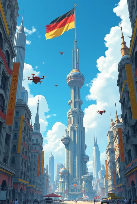 {A futuristic city with drones and high-speed. Make the architectural design blend of European Style. There was a giant flag pol...